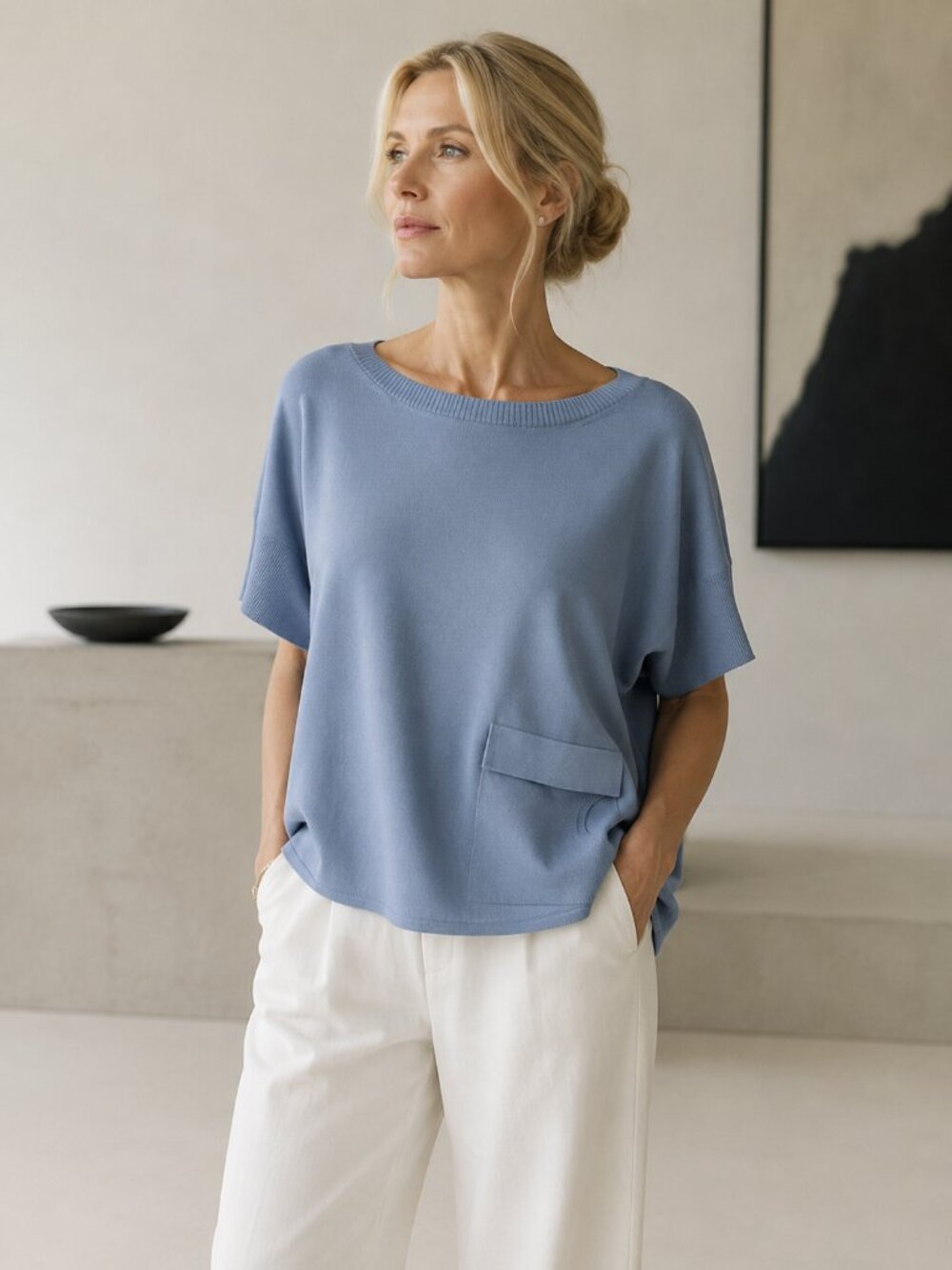 SARAH PACINI One Size Knit Sweater Top Oversized Minimalist Pocket Euro Chic